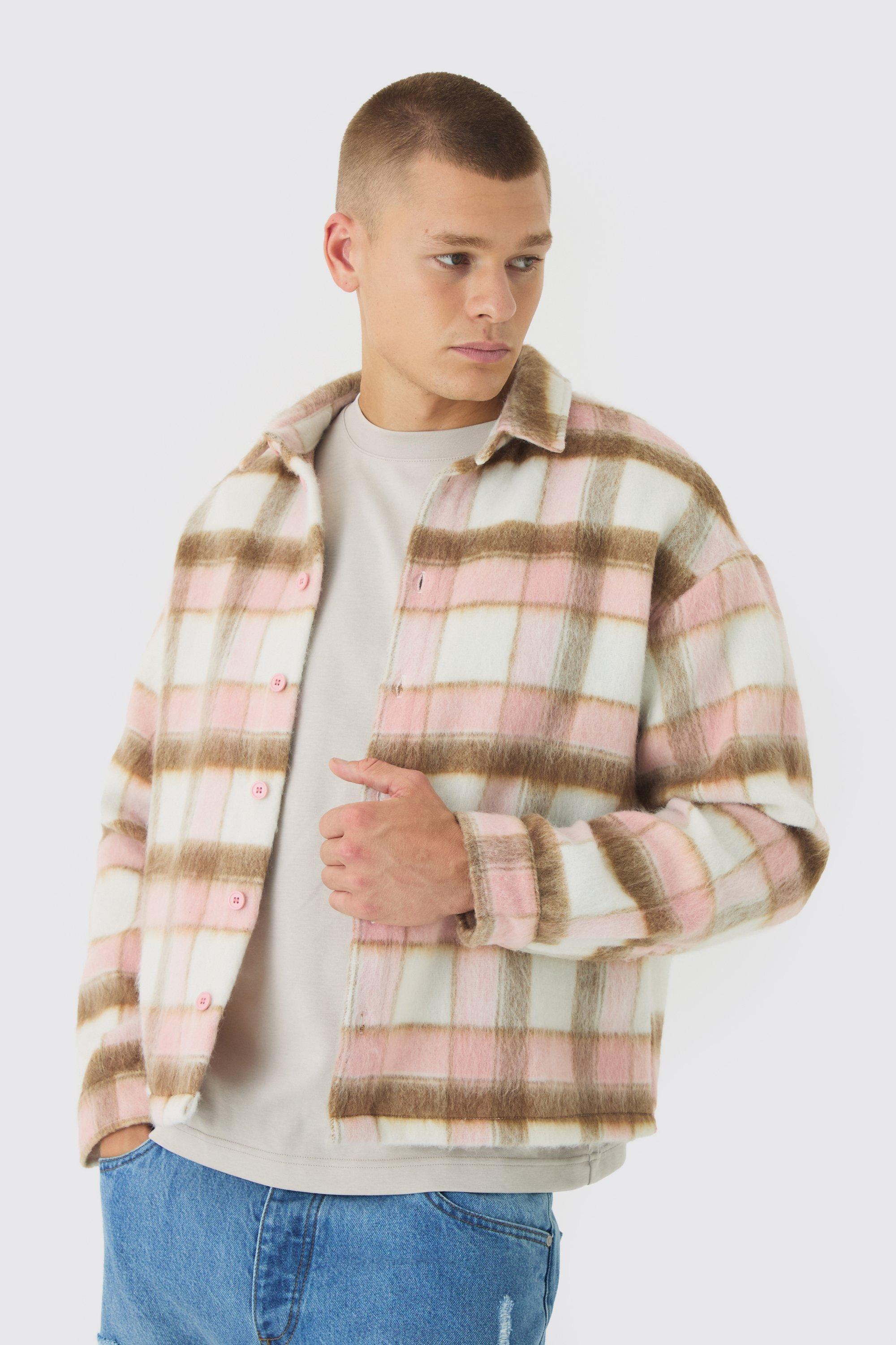 Mens Blue Oversized Overshirt Brushed Check, Blue